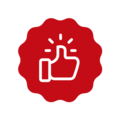 Symbol for positive review with thumbs-up on red background